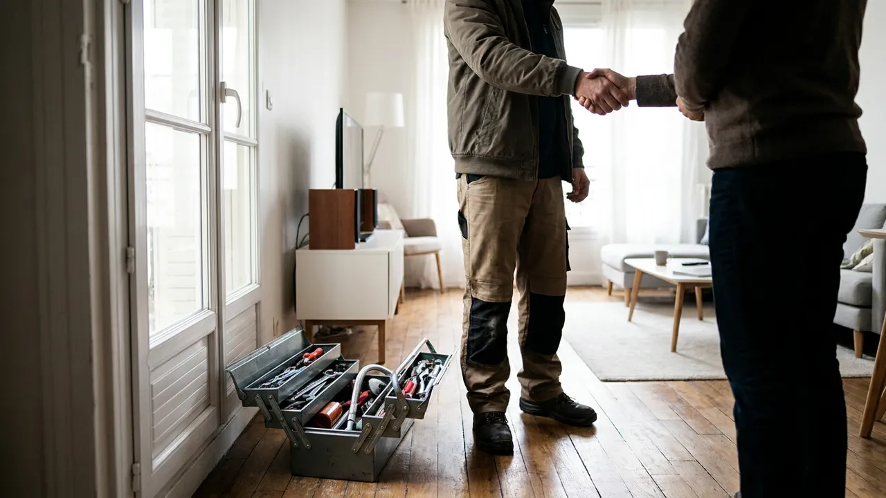 Poignée de main entre un plombier et un client sur le pas de porte d'un appartement de Paris 17, caisse à outils ouverte
