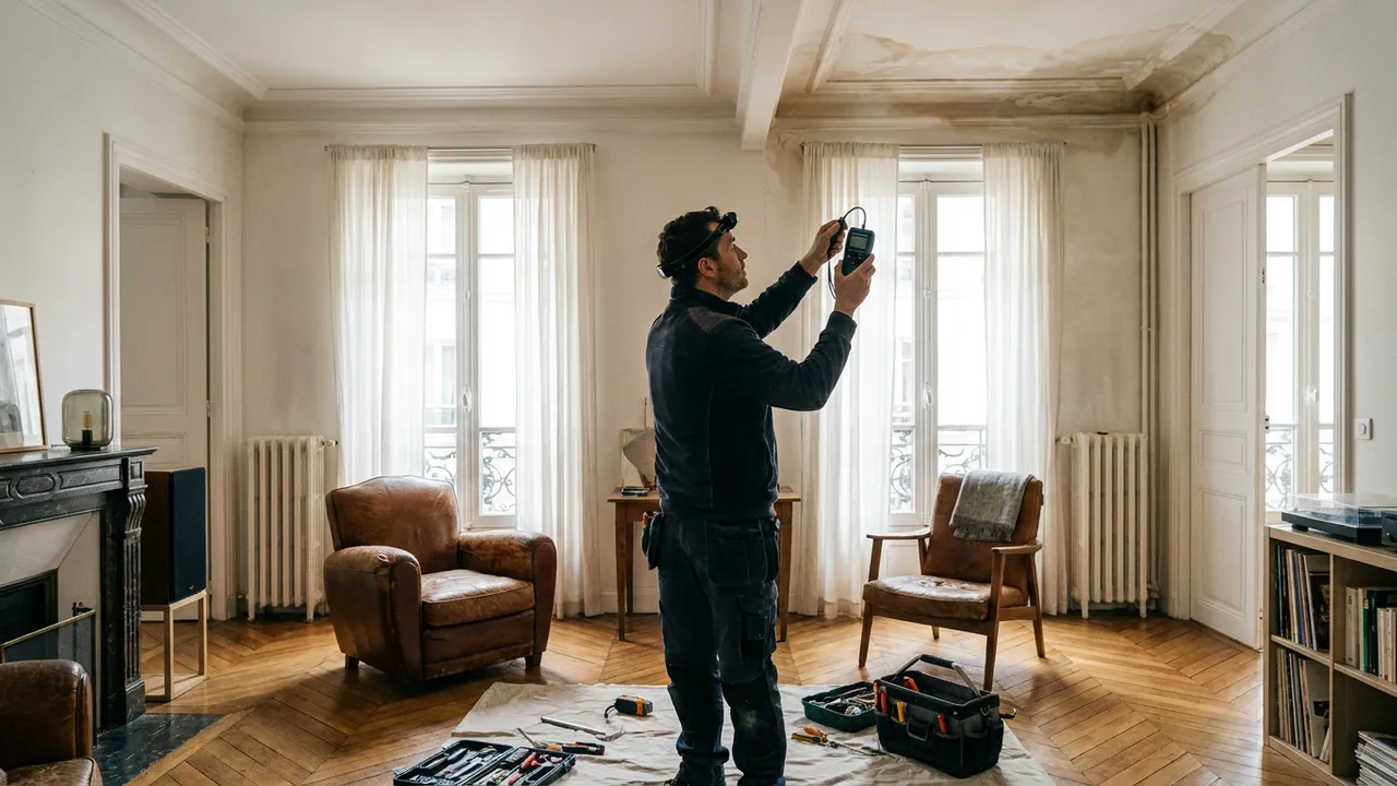 Plombier inspectant un plafond taché d'humidité à la lampe torche dans un appartement de Paris 17