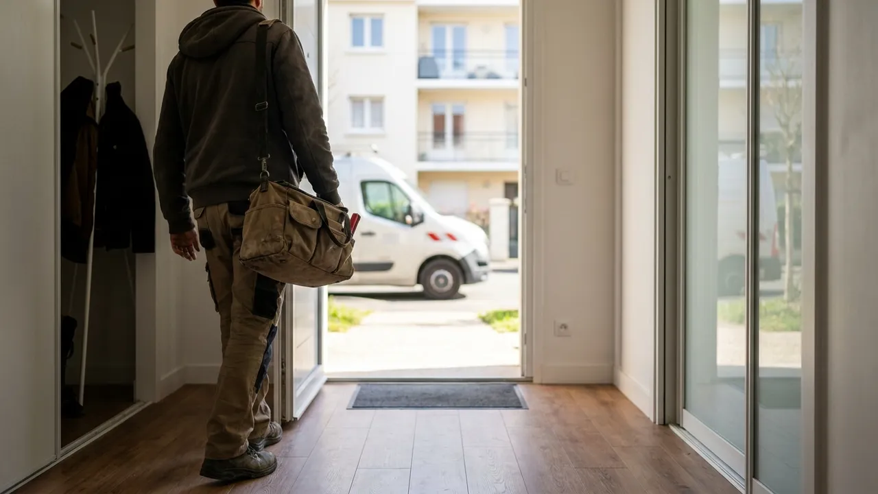 Plombier arrivant de nuit avec sa sacoche d'outils devant un immeuble résidentiel de Paris 17