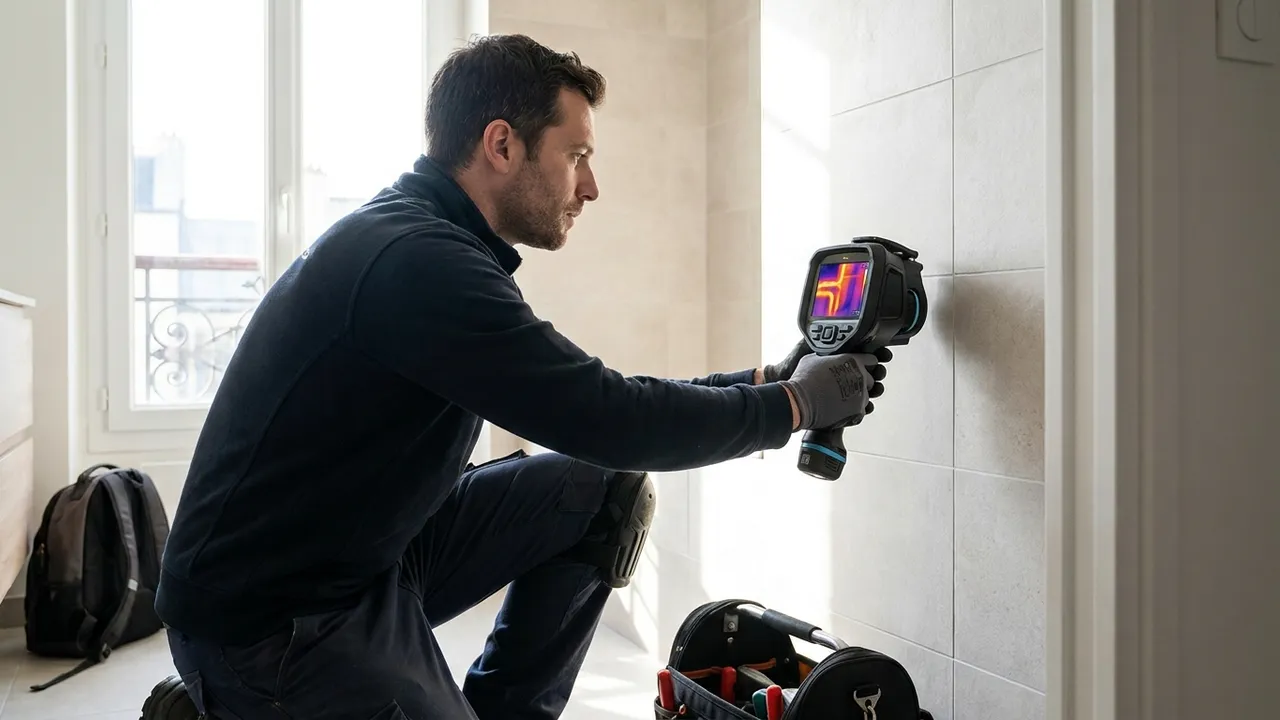 Plombier utilisant une caméra thermique sur un mur de salle de bain pour localiser une fuite cachée à Paris 17