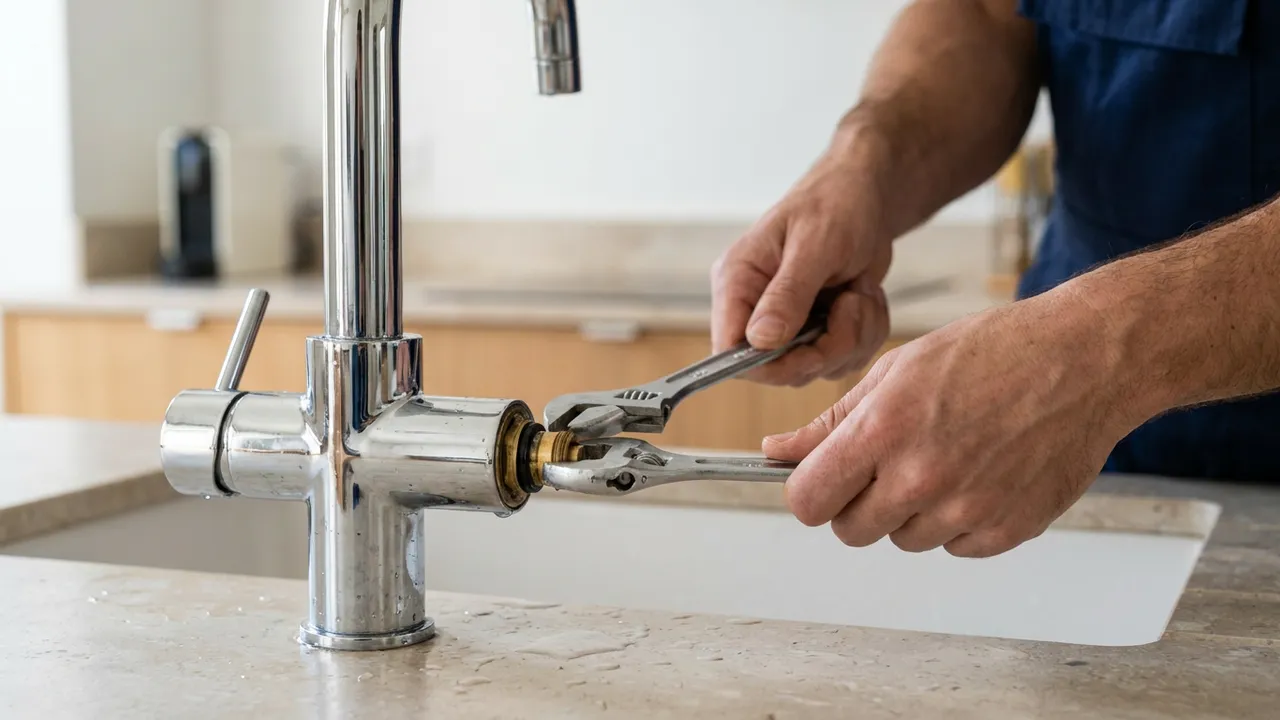 Mains d'un plombier remplaçant la cartouche d'un mitigeur de cuisine qui goutte dans un appartement de Paris 17